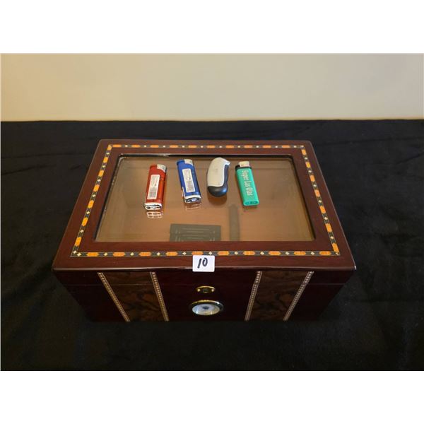 Wooden Humidor with Hygrometer, Glass Top, Decorative Inlay, Two Books, Cigar Holder