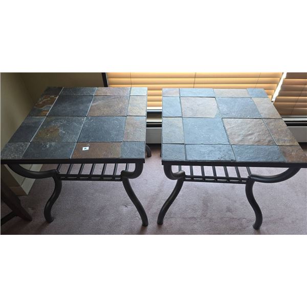 Slate Tile Top Metal Frame Side Tables With Lower Rack