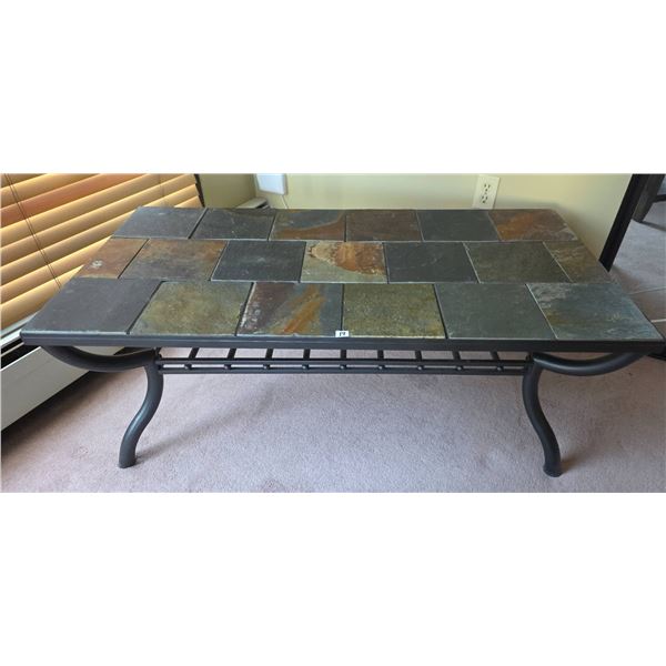 Rectangular Slate Tile Top Coffee Table with Black Metal Frame and Lower Rack