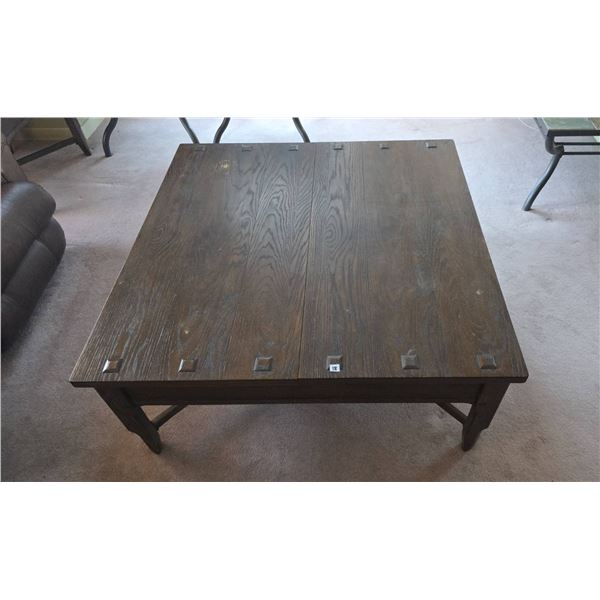 Square Wooden Coffee Table with Two Drawers and Inset Metal Accents matches lot 19.