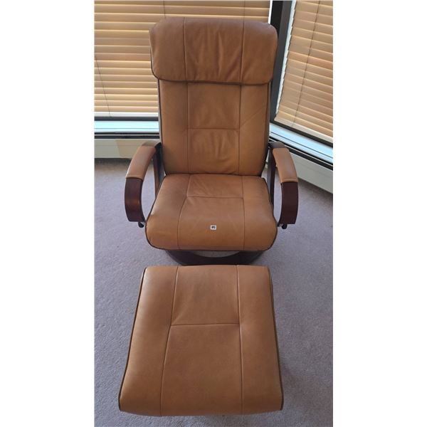 Tan Leather Recliner Chair With Matching Ottoman And Wooden Base