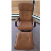 Image 1 : Tan Leather Recliner Chair With Matching Ottoman And Wooden Base