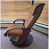 Image 3 : Tan Leather Recliner Chair With Matching Ottoman And Wooden Base