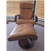 Image 4 : Tan Leather Recliner Chair With Matching Ottoman And Wooden Base
