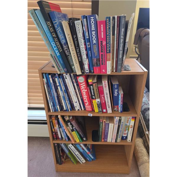 Wood Bookcase With Mixed Reference and Travel Books Including Dictionaries