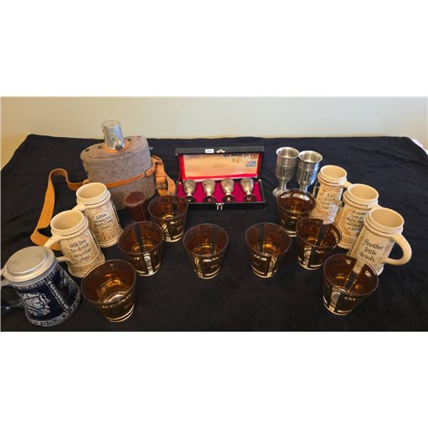 Drinkware Lot: 5 Ceramic Steins, 6 Amber Glasses, 6 Metal Goblets, 1956 Rigby Flask