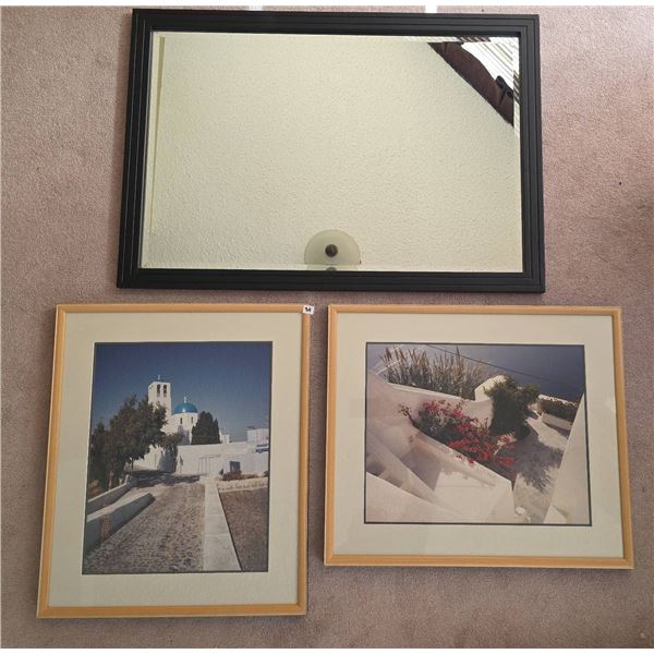 2 Framed Greek Photographs & 1 Framed Wall Mirror