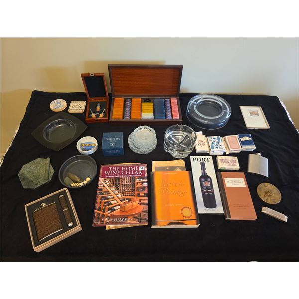 Gentlemen's Barware Collection with Poker Chips, Books, Crystal Bowls, and Accessories