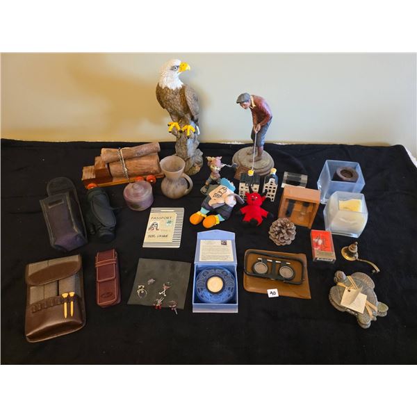 Figurines, Wade Baker Coin Candle, Eagle Sculpture, and Miscellaneous Items