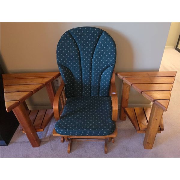 Upholstered Wooden Glider Rocking Chair and Pair of Corner Side Tables with Wooden Shelf