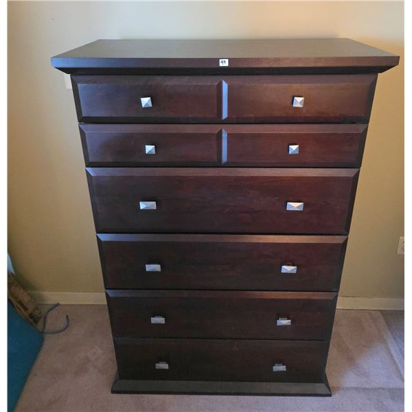 Dark Wood Six-Drawer Chest with Silver Square Pulls