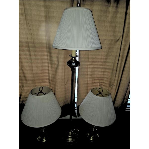 3 Brass Lamps With Pleated White Shades: 2 Table lamps, 1 Floor Lamp, 1 chair.