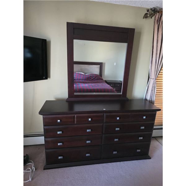 Dark Wood Dresser With Mirror, 8 Drawers and Metal Handles