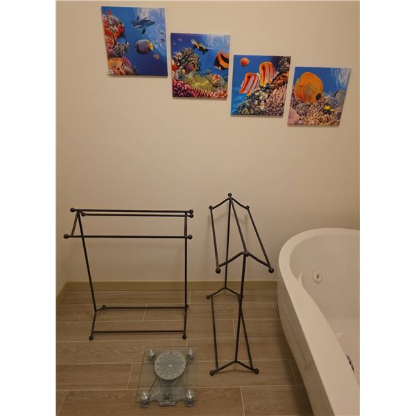 4 Ocean-Themed Canvas Prints, 2 Metal Towel Racks, and Salter Glass Scale