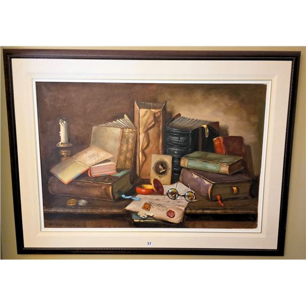 Apatzáli Czene Signed Still Life Oil Painting With Books And Candle, Framed