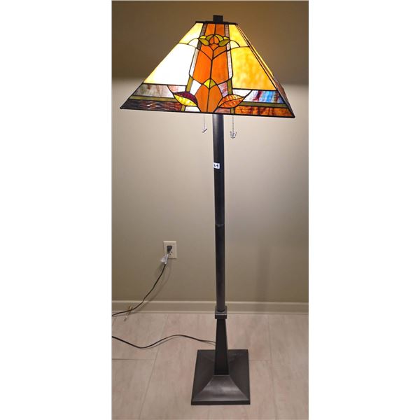Tiffany-Style Stained Glass Floor Lamp with Geometric Shade and Metal Base. 63" H.