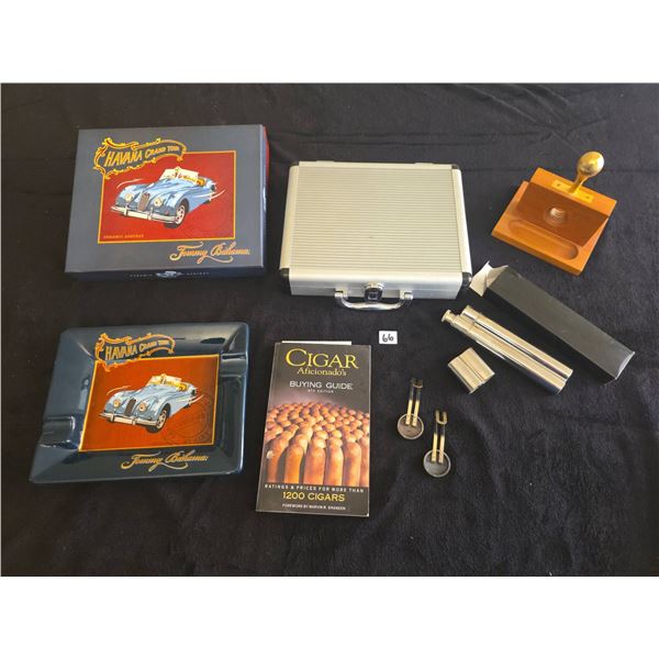 Cigar Accessories Lot With CollectibleTommy Bahama Cigar Ashtray, Humidor, Holders, Cutter.