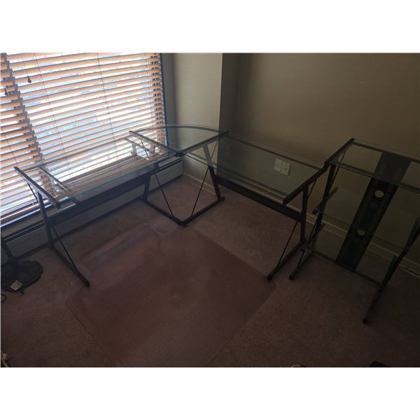L-Shaped Glass Computer Desk With Return, Printer Stand, Black Office Chair