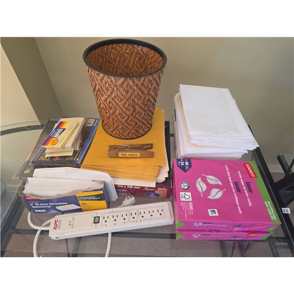 Office Supply Lot: Paper, Envelopes, File Folders, Accordion Files, Power Strip, Stick Notes