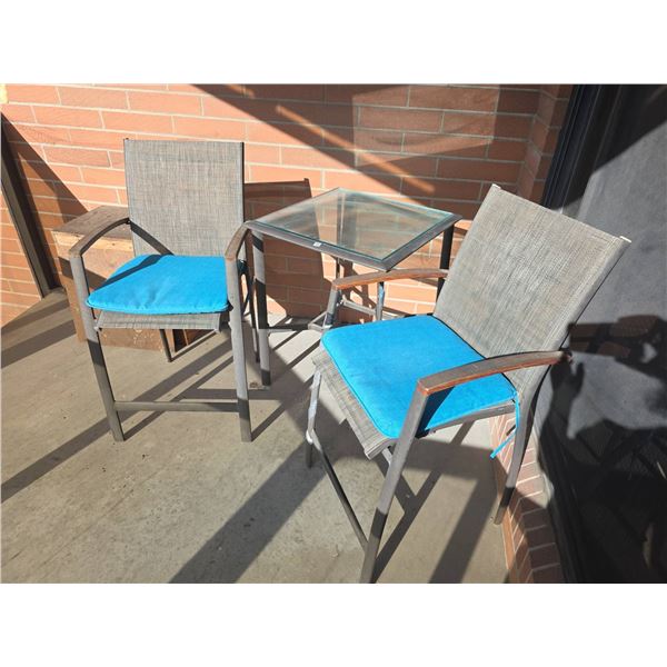 Patio Set: 2 Metal Mesh Armchairs With Blue Cushions and Glass-Top Table