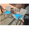 Image 1 : Patio Set: 2 Metal Mesh Armchairs With Blue Cushions and Glass-Top Table