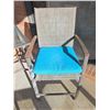 Image 3 : Patio Set: 2 Metal Mesh Armchairs With Blue Cushions and Glass-Top Table