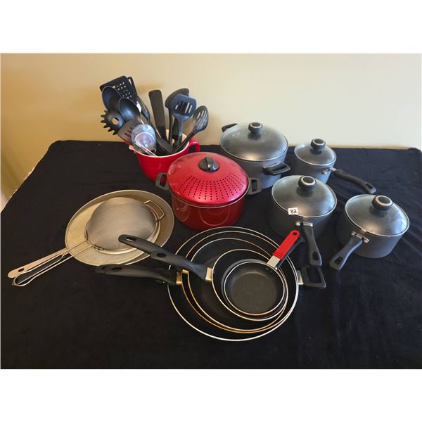Kitchen Lot With Cookware, Utensils, Strainers, Pots, Pans