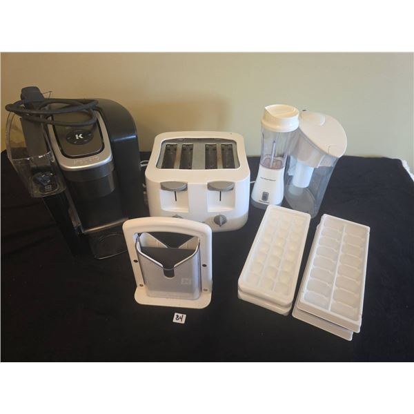 Small Kitchen Appliance Lot: Keurig Brewer, Toaster, Blender, Pitcher, Ice Trays, Bagel Slicer.