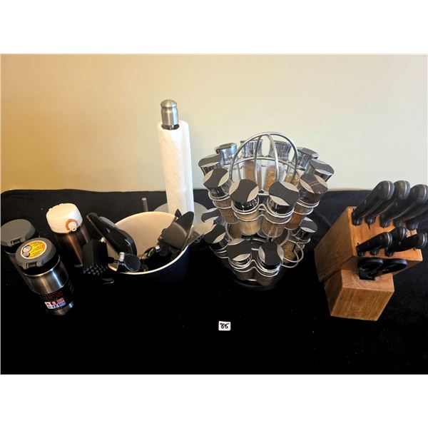 Thermos Bottles, Spice Rack, Knife Block with knives, Utensils, Paper Towel Holder Kitchen Lot