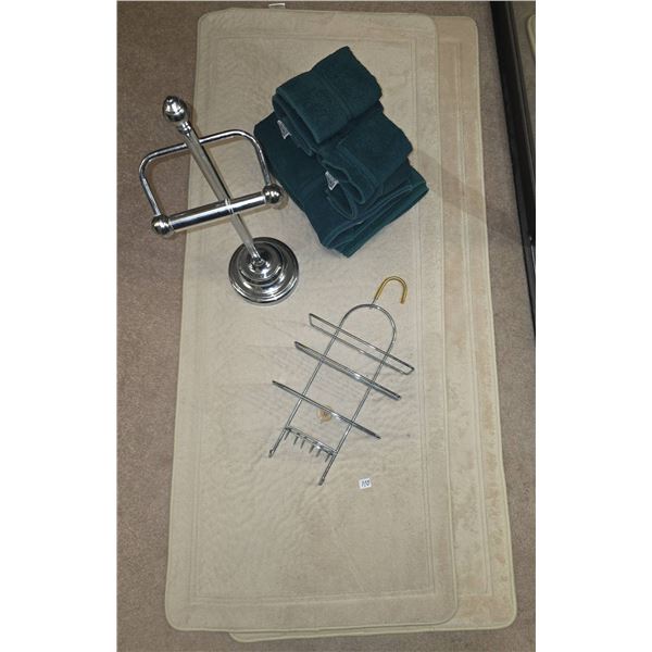 Bath Set: 4 Green Chaps Towels, Chrome Stand, Shower Caddy, Two Beige Bath Mats