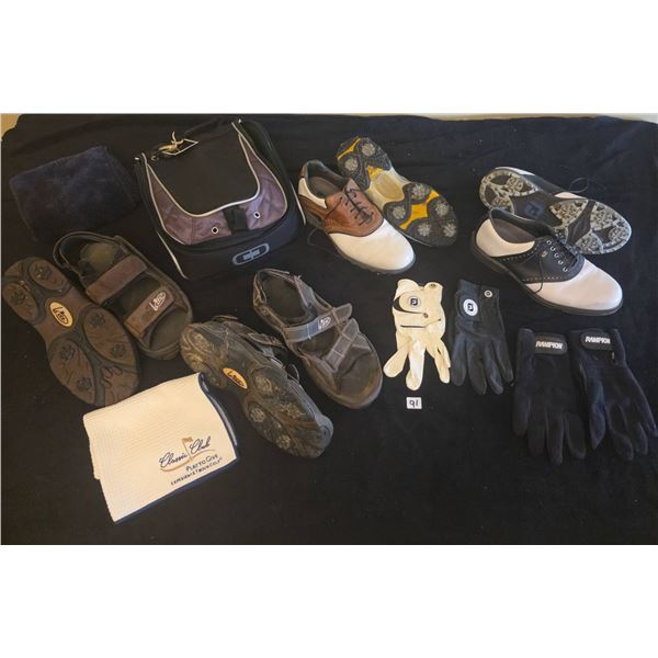 Golf Accessories: FootJoy Shoes 9.5, Rampion Gloves, Bite Sandals, Shoe Bag, Towels