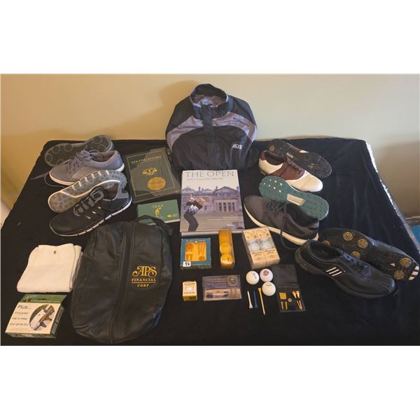 Golf Lot: 5 Pairs Golf Shoes, Books, Balls, Tees, Arctix Stormmax Jacket