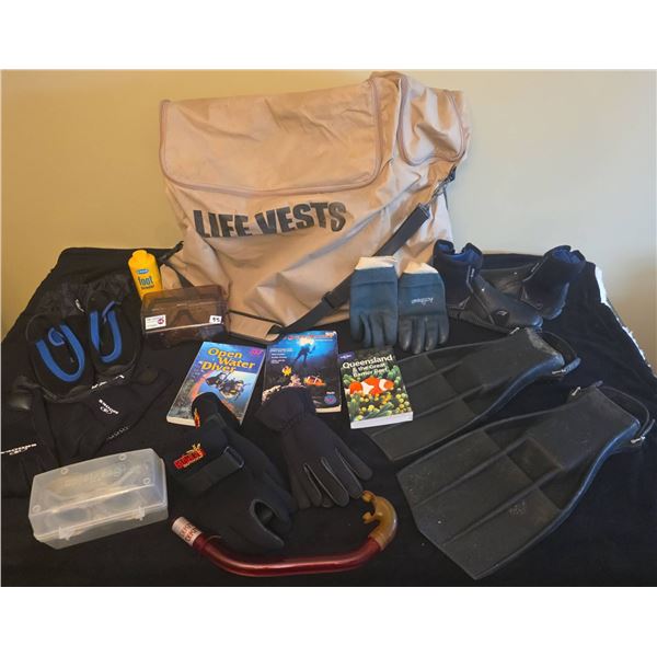 Complete Scuba Diving Gear Set With Fins, Masks, Boots, size 10, Gloves, Bag, Manuals & Guides