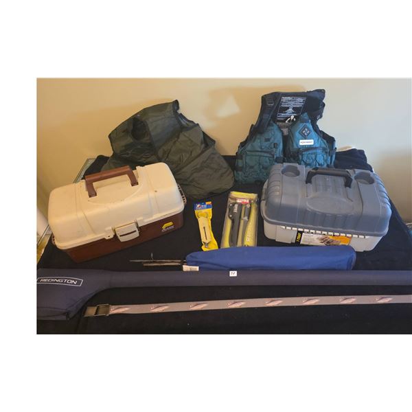 Redington Fly Rod With Reel, Fishing Vest, Life Jacket, Tackle Boxes, Lures, Rapala Knife, Scale
