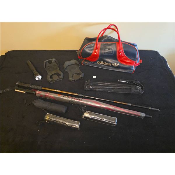 Vintage Adidas Bag, Black Diamond Walking poles, Umbrellas, Ice Cleats and Flashlight