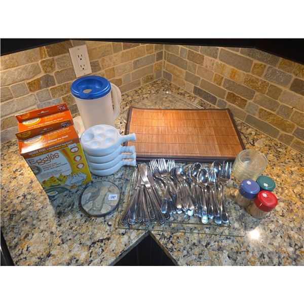 Stainless Flatware/Utensils, Two Eggies Egg Cookers, Place Mats, Escargot Dishes