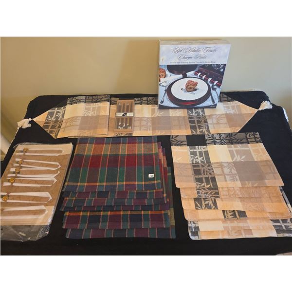 Table Linen Lot With Placemats, Chopsticks, Runner, And Red Metallic Charger Plate Set