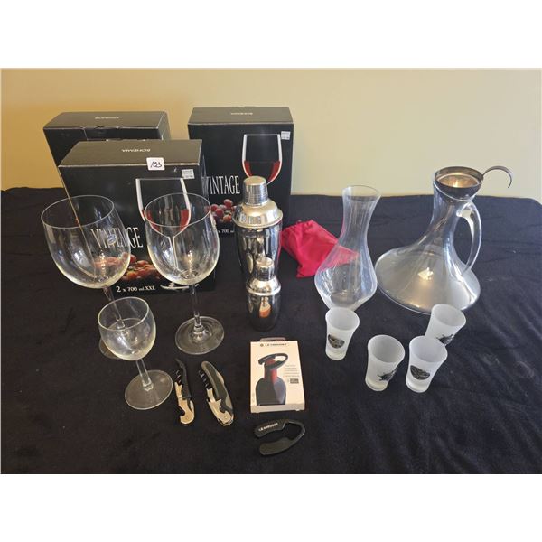 Wine and Barware Lot with Vintage Glasses, Shaker, Decanters, Le Creuset Accessories