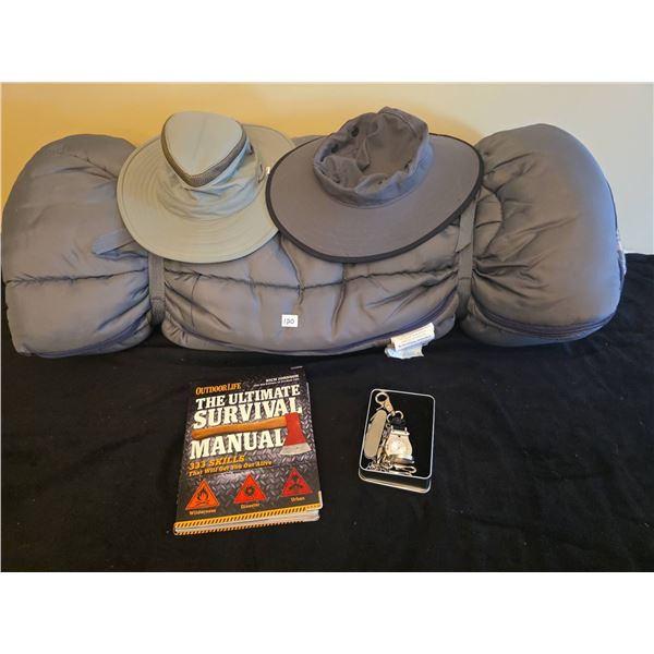 Outdoor Kit with Tilley Airflo and Pukka Hats, Sleeping Bag, Survival Manual, Multi-Tool