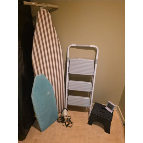 Household Lot: Ironing Boards, Black & Decker Iron, Step Ladder, Stool, Nexxtech Thermometer