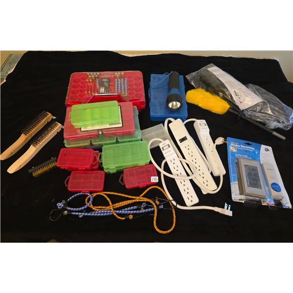 Battery Organizers, Wireless Thermometer, Storage Boxes, Brushes, Power Bars Lot