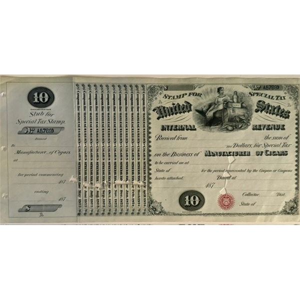 1870s U.S. Internal Revenue $10 Special Tax Stamp – Manufacturer of Cigars