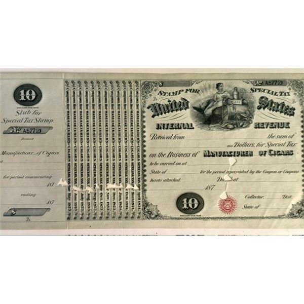1870s U.S. Internal Revenue $10 Special Tax Stamp – Manufacturer of Cigars