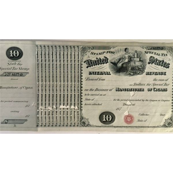 1870s U.S. Internal Revenue $10 Special Tax Stamp – Manufacturer of Cigars