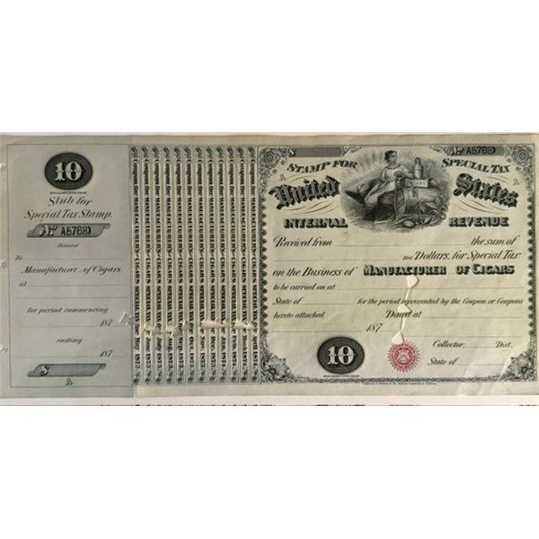 1870s U.S. Internal Revenue $10 Special Tax Stamp – Manufacturer of Cigars