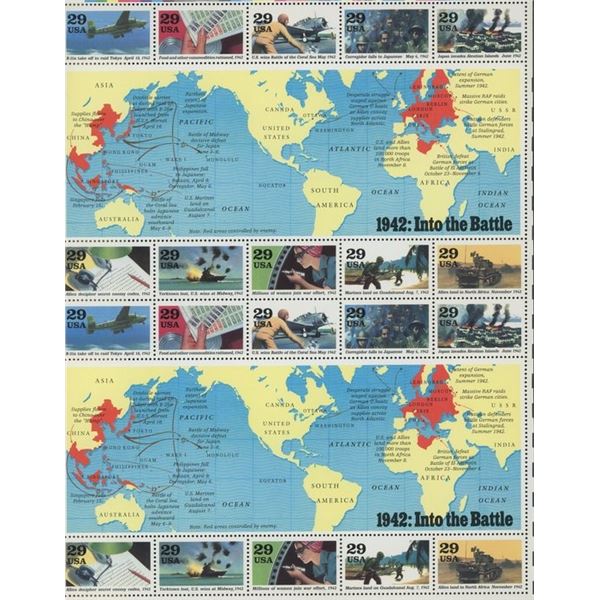 1992 WW II 1942 Into the Battle - 20 Stamp Sheet