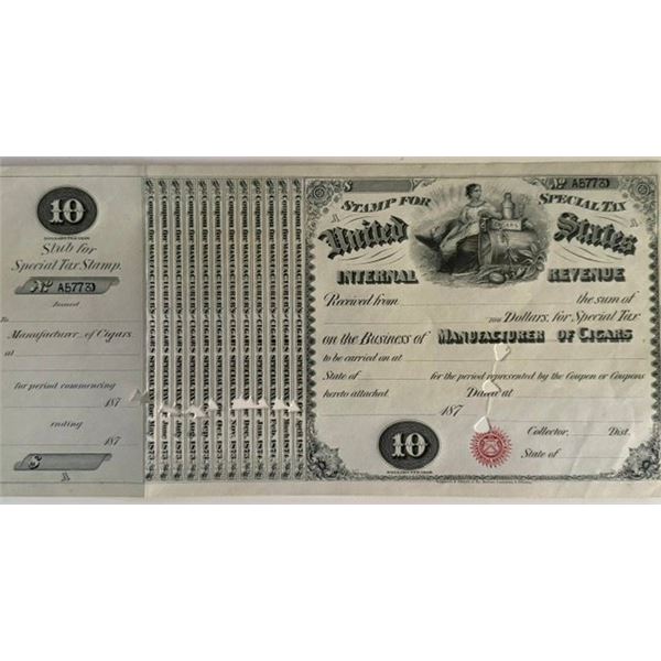 1870s U.S. Internal Revenue $10 Special Tax Stamp – Manufacturer of Cigars