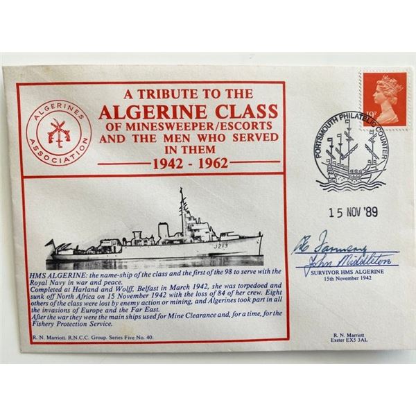 WWII HMS Algerine Tribute Commemorative Cover Signed by 2 Survivors