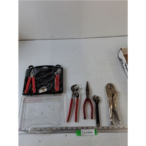 (7) Tools, Long Nose Pliers, Adjustable Wrench, Locking Pliers, Multitool, Misc