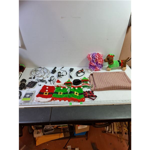 Mixed Holiday & Tech Lot - Christmas Dog Costumes, Hats, Tablecloth, Quickport Connector, Headphones